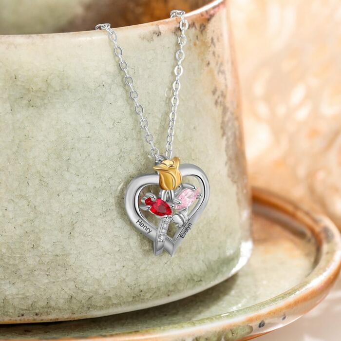 Personalized Rose Heart Birthstone Necklace - Flower Pendant