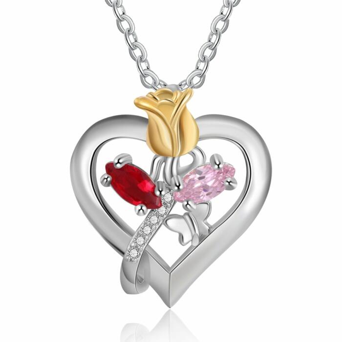 Personalized Rose Heart Birthstone Necklace - Flower Pendant