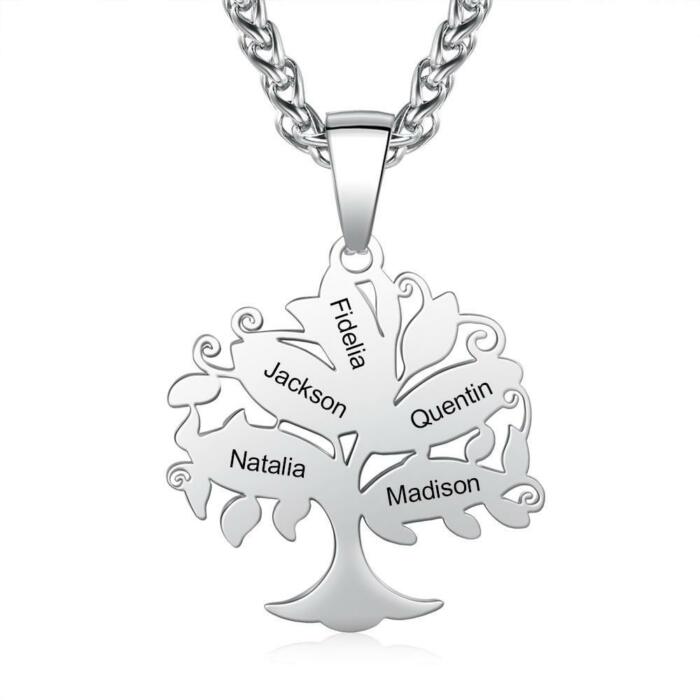 Tree of Life Pendant Necklace for Women, Personalized 5 Name Engravings Stainless Steel Pendant