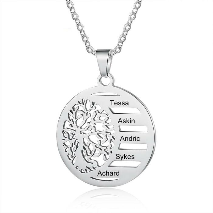 Trendy Stainless Steel Necklace - Personalized Necklace for Women - Tree of Life Engraved Necklace for Women - Customized Gift for Women - Personalized Gift for Mother - Five Name Personalized Necklace.