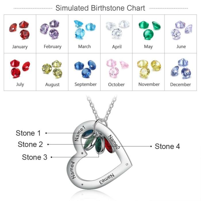 Personalized Heart Pendant Necklace for Women, Customized 4 Birthstones with 4 Name Engravings