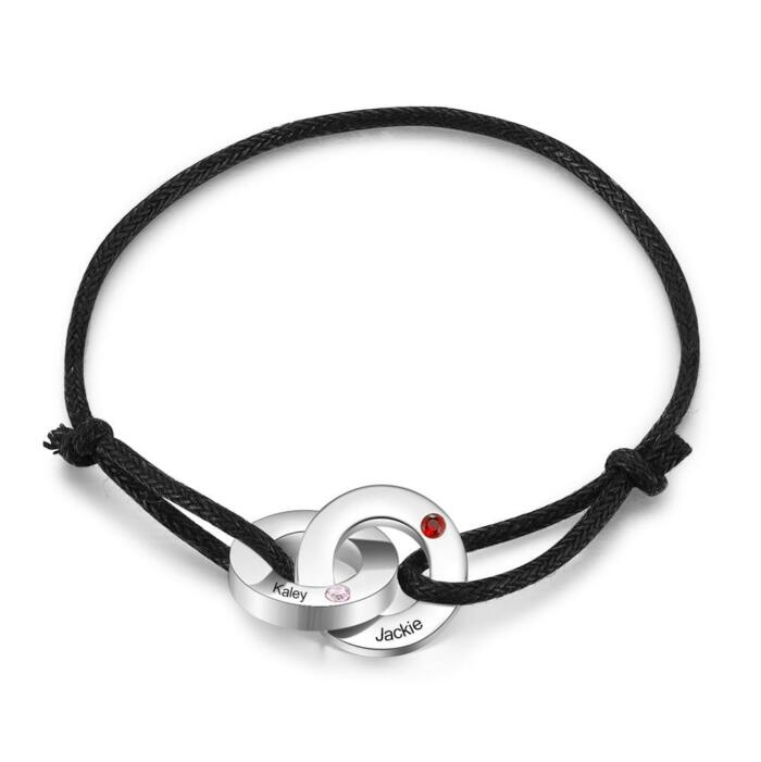Interlocked Circle Bracelet- Personalized Birthstone Stainless Steel Bracelet- Contemporary Style Interlocked Circle Bracelet- Two Name Personalized Bracelet- Smart Rope Band Bracelet for Men- Bracelet for Men.