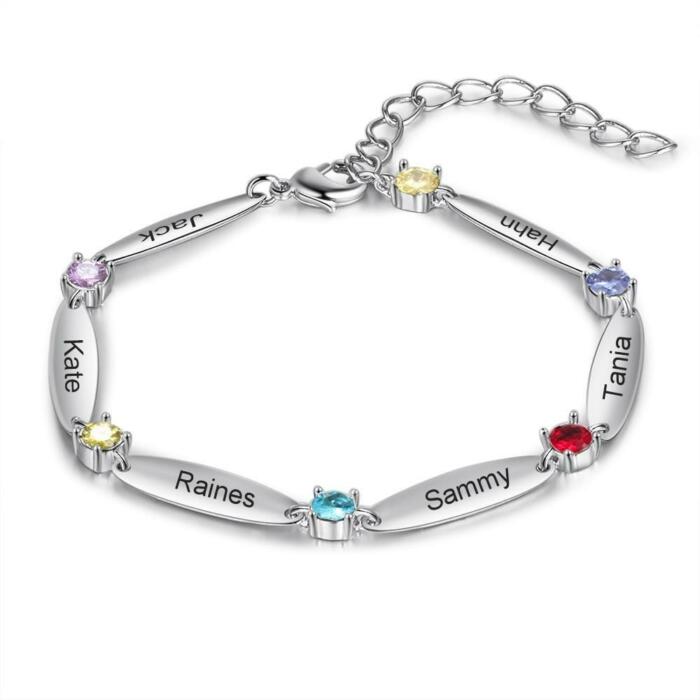 Personalized 6 Inlaid Birthstones Name Engraved Mother Bracelet - Bracelet with Birthstone for Mother - Stainless Steel Fashion Jewelry For Women - Personalized Engraved Jewelry