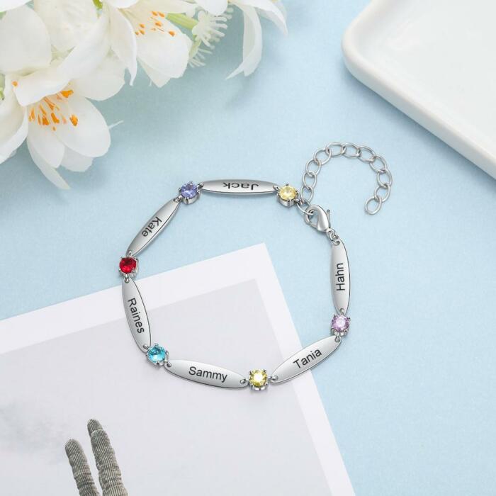 Personalized 6 Inlaid Birthstones Name Engraved Mother Bracelet - Bracelet with Birthstone for Mother - Stainless Steel Fashion Jewelry For Women - Personalized Engraved Jewelry
