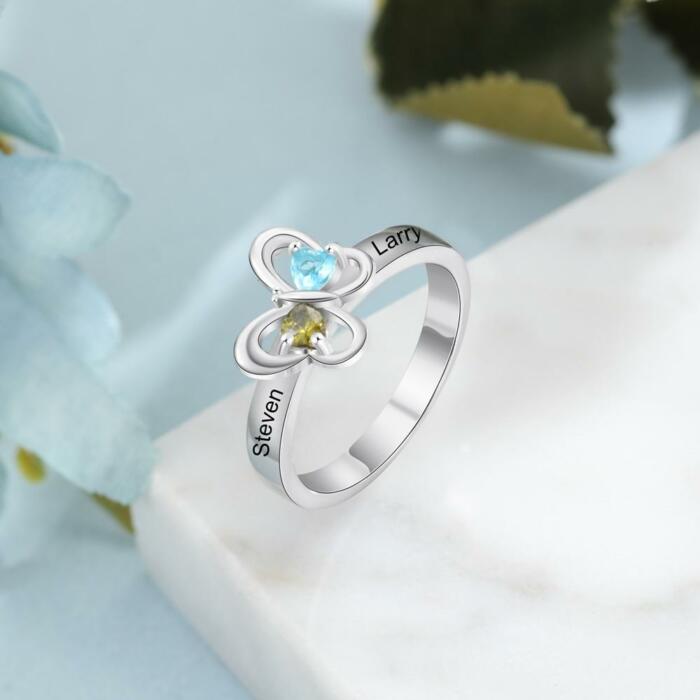 Personalized Solid 925 Sterling Silver Butterfly Rings - Two Names & Birthstones Wedding Band - Heart Birthstones for Women Couples - Inlaid Zircon Rings for Women - Fashion Jewelry Gift