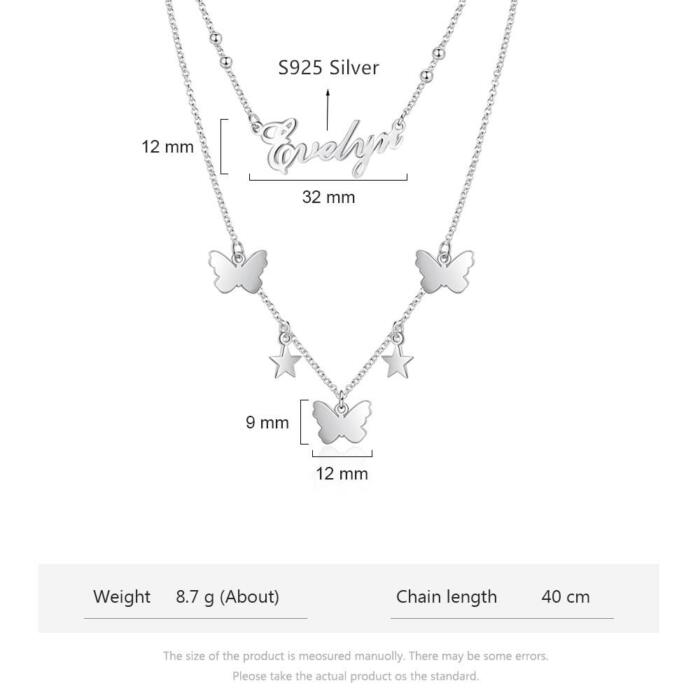 925 Sterling Silver Butterfly Necklace with Customized Nameplate for Women
