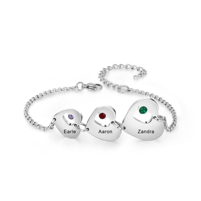 Stainless Steel Bracelet- Personalized Bracelet for Women- Stainless Steel Bracelet for Women- Customized Gift for Women- Three Birthstone Bracelet for Women- Three Name Personalized Bracelet- Heart Charm Name Bracelet.