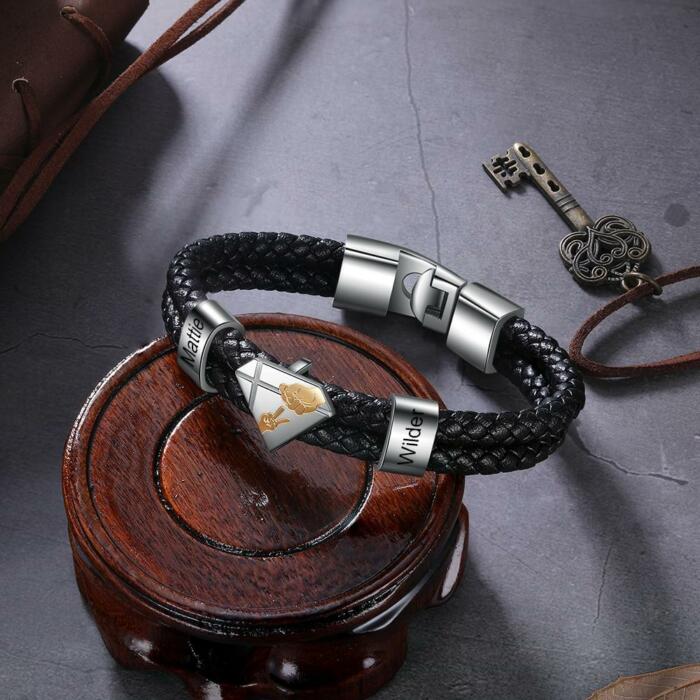 Customized Braided Leather Bracelet- Everyday Wear Accessory for Men- Personalized - Father Kids Name Engraved Black Leather Bracelet Trendy Customized Leather Bracelet
