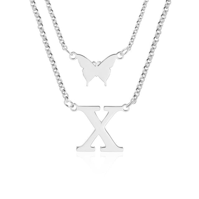 Sterling Silver Double Layered Necklaces - Personalized Necklace for Women - A-Z Initials Pendant with Butterfly Necklace - Customized Jewelry for Women -Accessories for Women