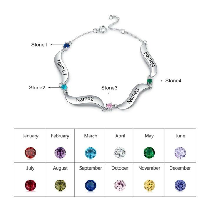 Personalized Bracelet - Four Birthstone Bracelet - Wave Shaped Charm Name Bracelet