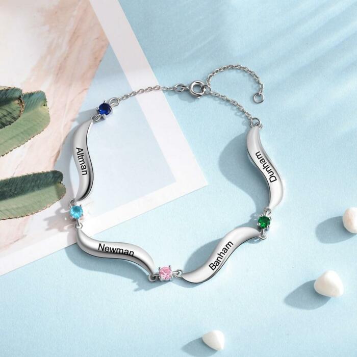 Personalized Bracelet - Four Birthstone Bracelet - Wave Shaped Charm Name Bracelet