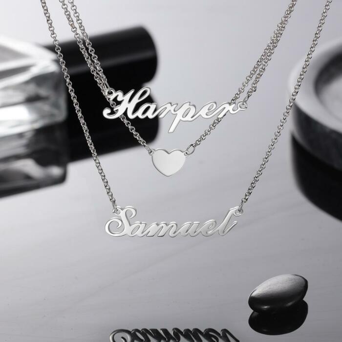 Sterling Silver Custom Nameplate Necklace - Customized Heart Necklace for Women - 3 Layered Nameplate Jewelry - Accessories for Women - Personalized Necklace