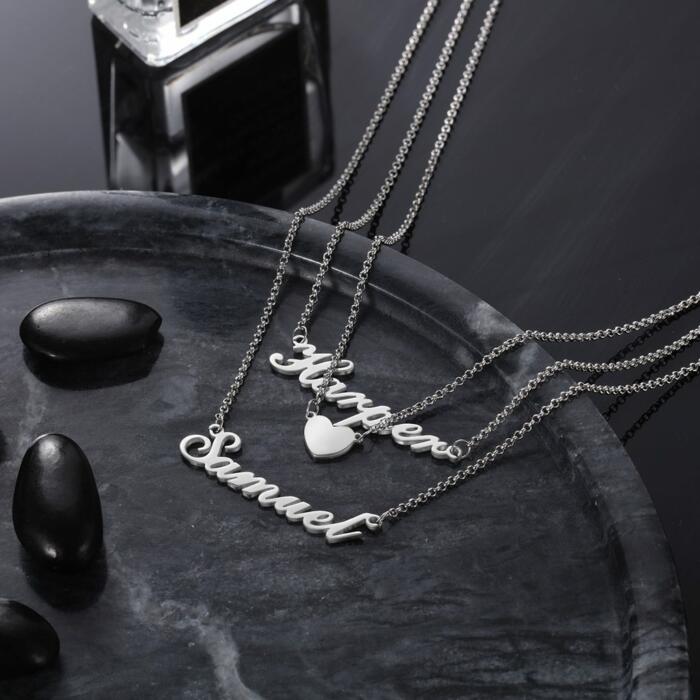 Sterling Silver Custom Heart 3 Layered Nameplate Necklace