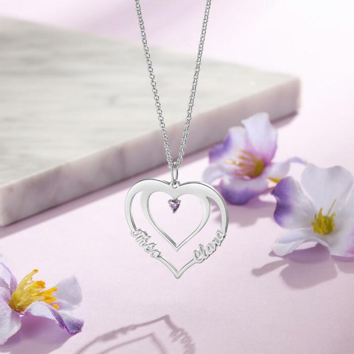 Sterling Silver Heart Nameplate Birthstone Pendant Necklace