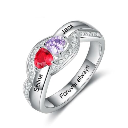 Sterling Silver Cubic Zircon Rings - Two Name & Birthstone Engraving