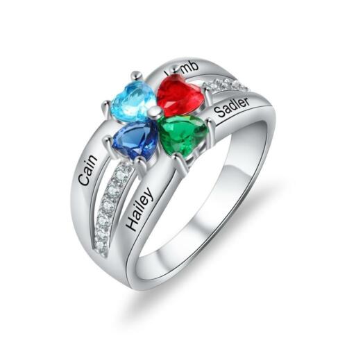 Personalized 925 Sterling Silver Promise Ring - Customize Cubic Zirconia Birthstones & Engrave Name - On-Trendy Fashion Jewelry Gift - 4 Heart Birthstones Custom Family Band - Suitable To All Women