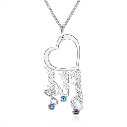 Personalized Sterling Silver Necklace with Inverted Heart Shape Engrave Name & Birthstones Pendant