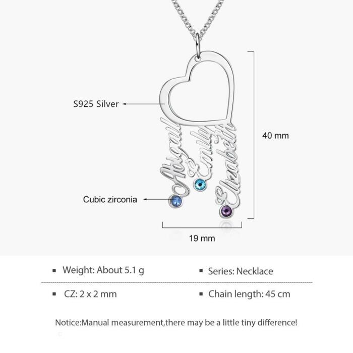Silver Pendant for Women, Name-plate Style Silver Jewellery for Women, Stone Inlaid Jewellery, Heart and Names Jewellery, Silver Necklace, Birthstone and Name Engraved Necklace