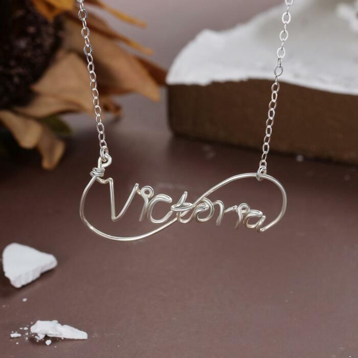 Infinity and Nameplate Pendant - Sterling Silver Necklace
