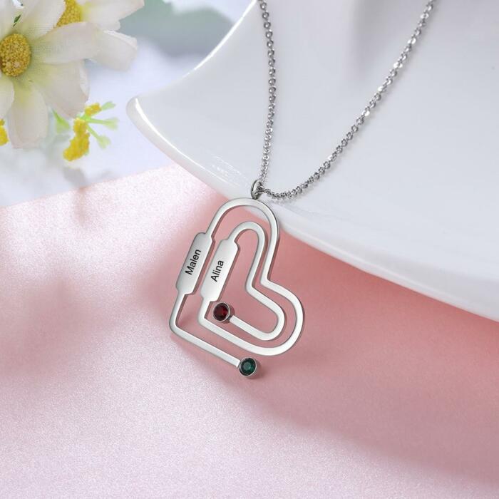 Paperclip Shaped Pendant - Birthstone Engraved Necklace