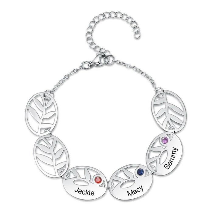 Customized 3 Names Engraving Leaf Charm Bracelet- Birthstone Engraved Bracelet for Women- Stylish Accessory for Women- Trendy Customized Bracelet for Women- Fashionable Accessory for Women