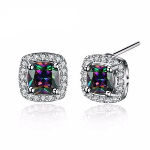 Women's Stud Earrings with 9mm Colorful Inlaid Stone and Cubic Zirconia