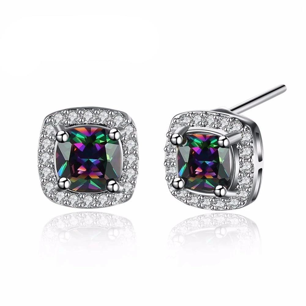 Women’s Stud Earrings with 9mm Colorful Inlaid Stone and Cubic Zirconia, Fashion Jewelry for Party