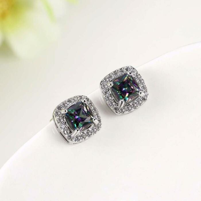 Women’s Stud Earrings with 9mm Colorful Inlaid Stone and Cubic Zirconia, Fashion Jewelry for Party