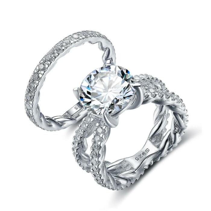 925 Sterling Silver Hearts & Arrows Ring Sets with Round Cubic Zirconia Stones 12mm 6.5 CT, Wedding Jewelry Gift