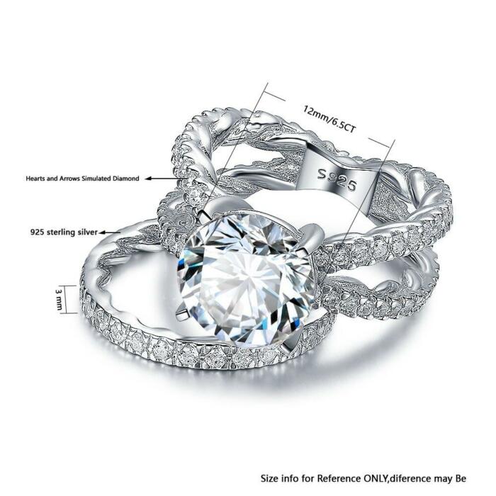 925 Sterling Silver Hearts & Arrows Ring Sets with Round Cubic Zirconia Stones 12mm 6.5 CT, Wedding Jewelry Gift