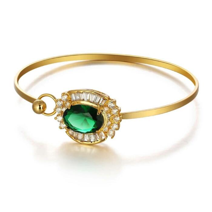 Party Accessories 195mm Length Green Cubic Zirconia Cuff Bangle Gold Color Bracelets & Bangles For Women