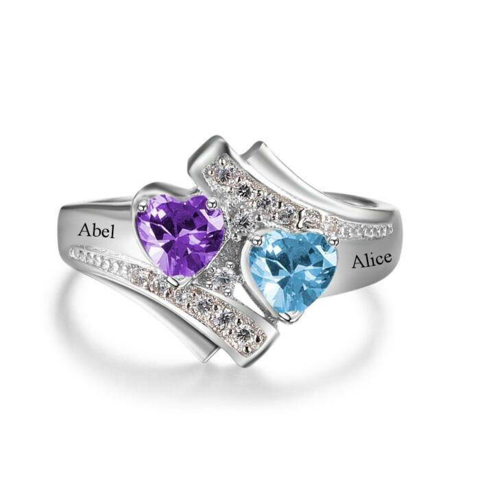 925 Sterling Silver Customized Heart Birthstone & Engraved Name Ring, Fashion Jewelry Gift for Women