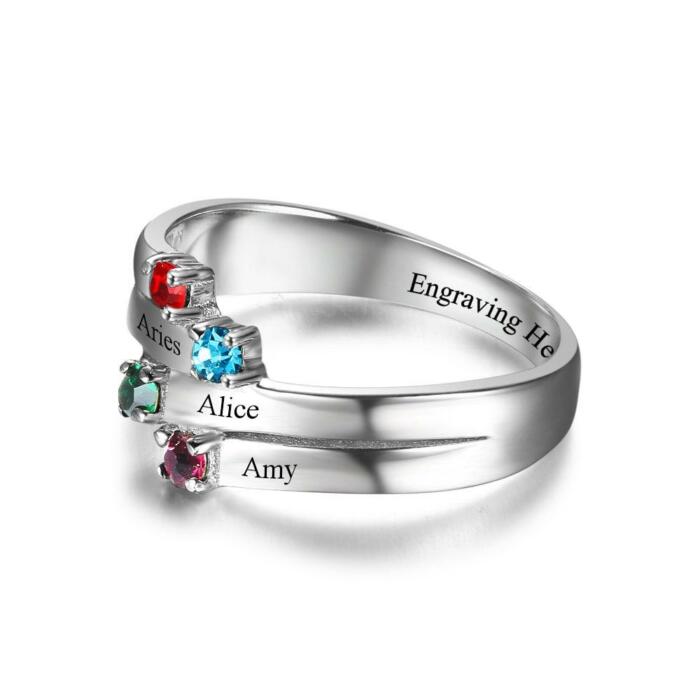 Anniversary Gift for Women- Family Ring for Women- 4 Birthstones Engraved Jewelry for Women- Sterling Silver Jewelry for Women