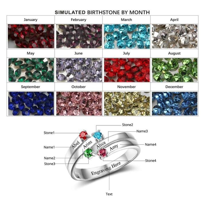 Anniversary Gift for Women- Family Ring for Women- 4 Birthstones Engraved Jewelry for Women- Sterling Silver Jewelry for Women