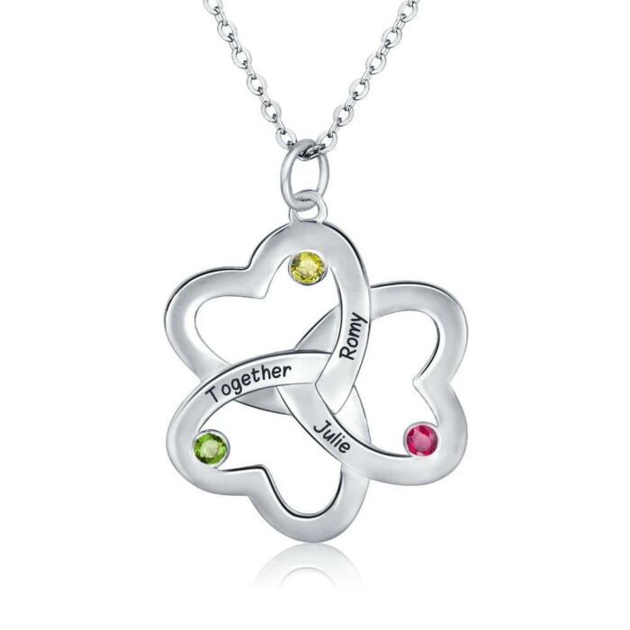 Personalized Sterling Silver Name Necklace with Sweet Clover Hearts Pendant & CZ Birthstones