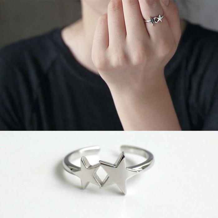 Sterling Silver Double Shining Stars Adjustable Ring