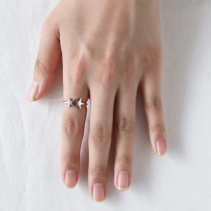 Sterling Silver Double Shining Stars Adjustable Ring