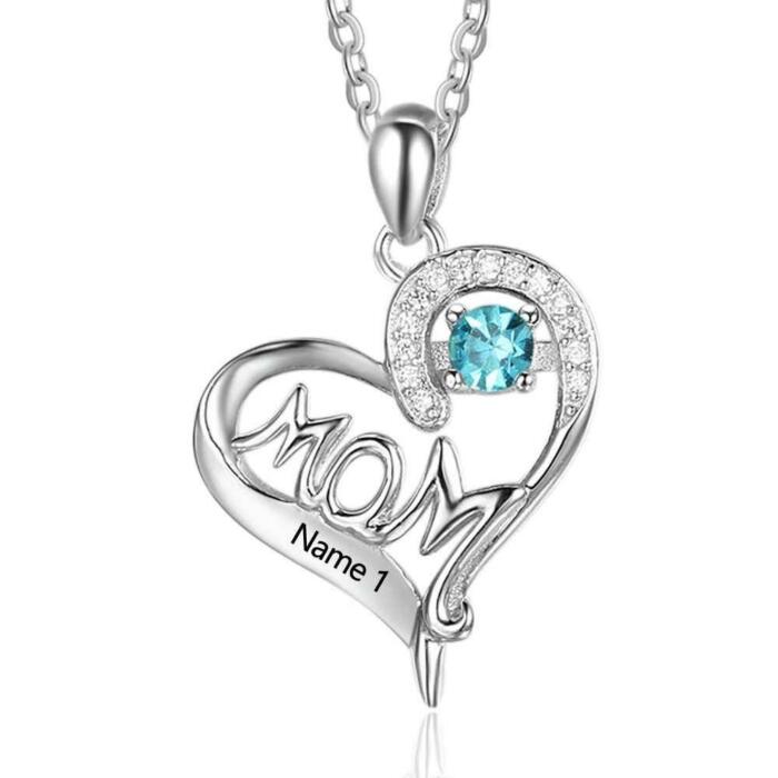 Personalized Sterling Silver Birthstone Necklace with Mom Shape Love and Heart