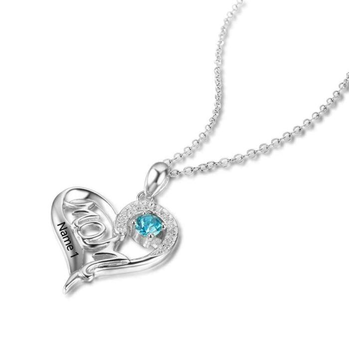 Personalized Sterling Silver Birthstone Necklace with Mom Shape Love and Heart