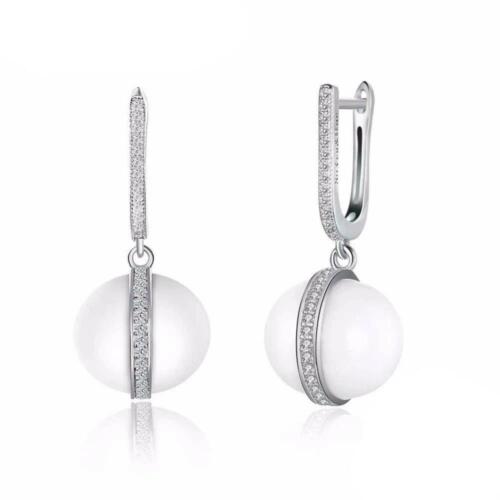 Sterling Silver Earrings for Women- White Ceramic Ball Earrings for Women- Insert Fashion Dangle Earrings- Cubic Zirconia Micro Insert Earrings for Women