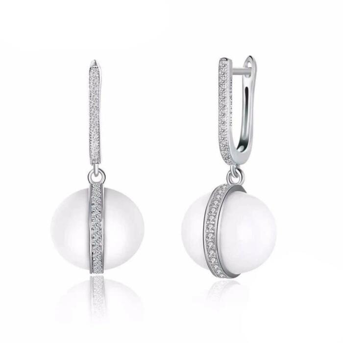 Sterling Silver Earrings for Women- White Ceramic Ball Earrings for Women- Insert Fashion Dangle Earrings- Cubic Zirconia Micro Insert Earrings for Women