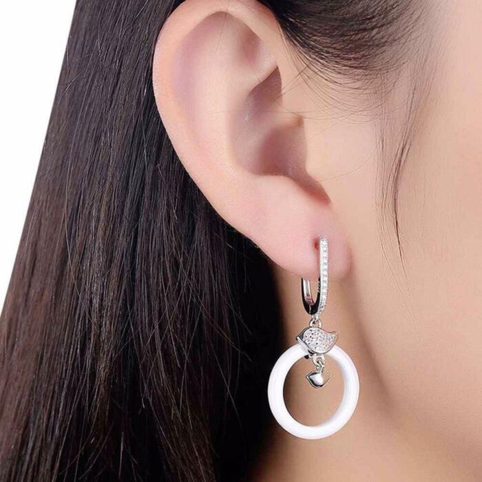 925 Sterling Silver Ceramic Round Drop Earring, Vintage Style Dangle Jewelry for Women, Gift for Her