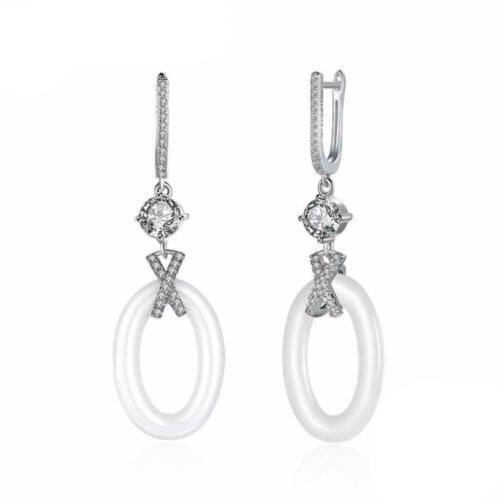Women Sterling Silver Drop Earrings- 925 Sterling Silver Ellipse Earrings for Women- Ceramic Zirconia Dangler Earrings for Women- Dangler Jewelry Gift