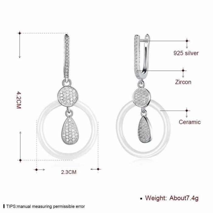 925 Sterling Silver White Ceramic Round Drop Earring, Water Droplet Style Dangle Jewelry for Women, Gift for Her