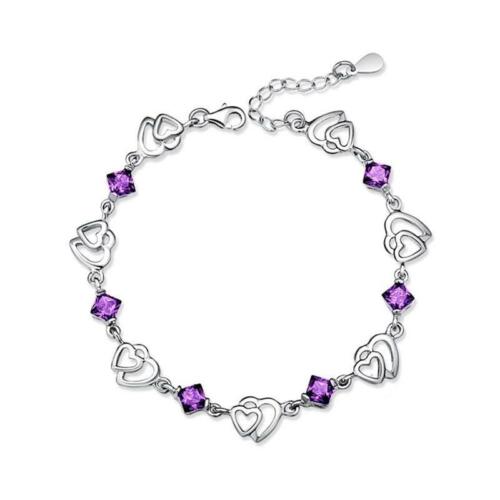 Women Sterling Silver Heart to Heart Bracelets with Purple Rhombus Stone