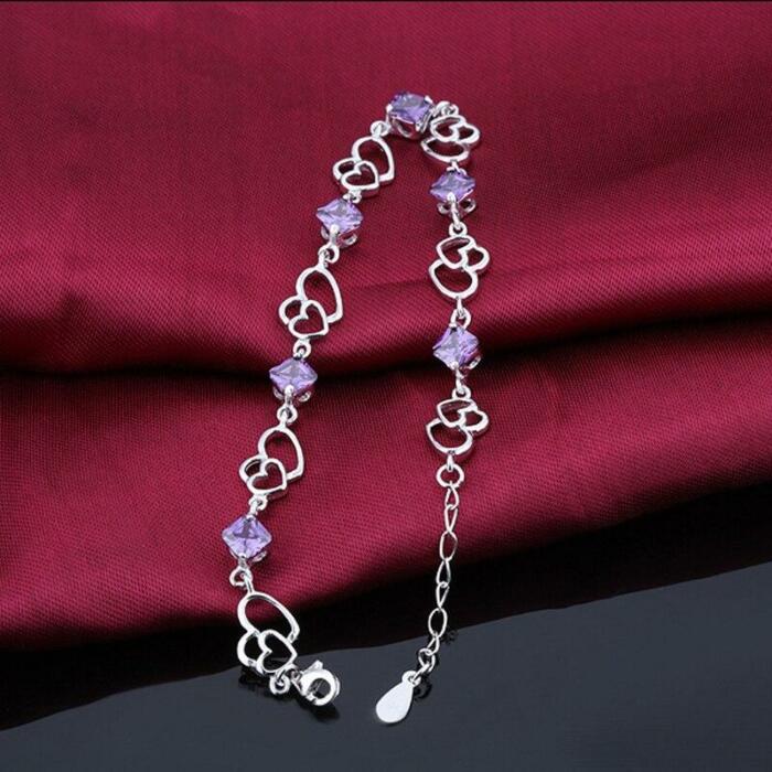 Women 925 Sterling Silver Heart to Heart Bracelets with Purple Rhombus Stone, Party Jewelry Gift for Women