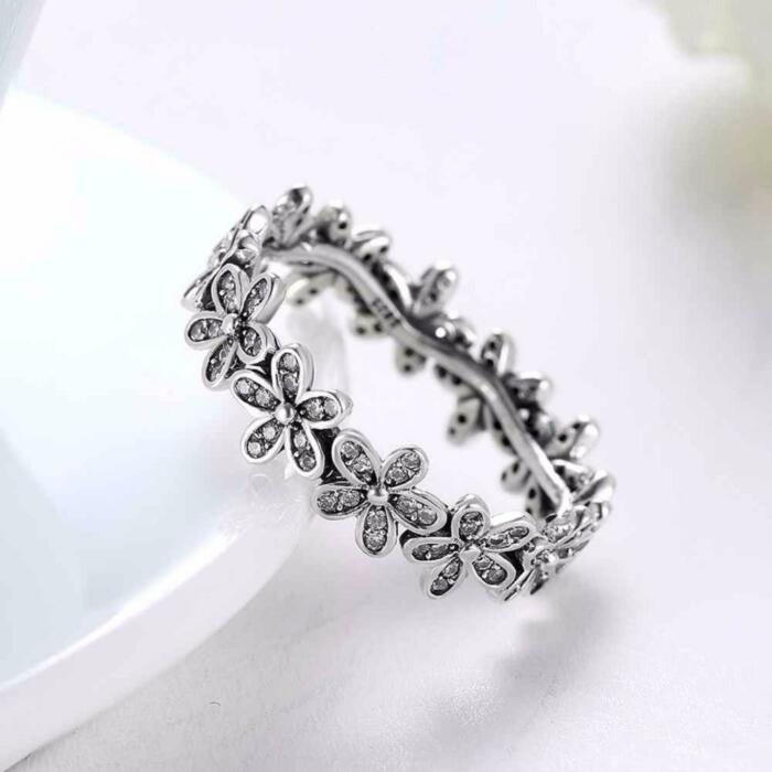 Solid 925 Sterling Silver Flowers Inlaid Zircon Rings for Women, Fashion Jewelry Gift