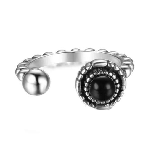 925 Sterling Silver Bead Opening with Black Simulated Pearl Vintage Ring, Fashion Jewelry Gift for Women