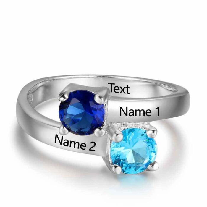 Personalized Double Stripe Wedding Ring - Engrave Two Custom Name & Birthstones - Sterling Silver Jewelry