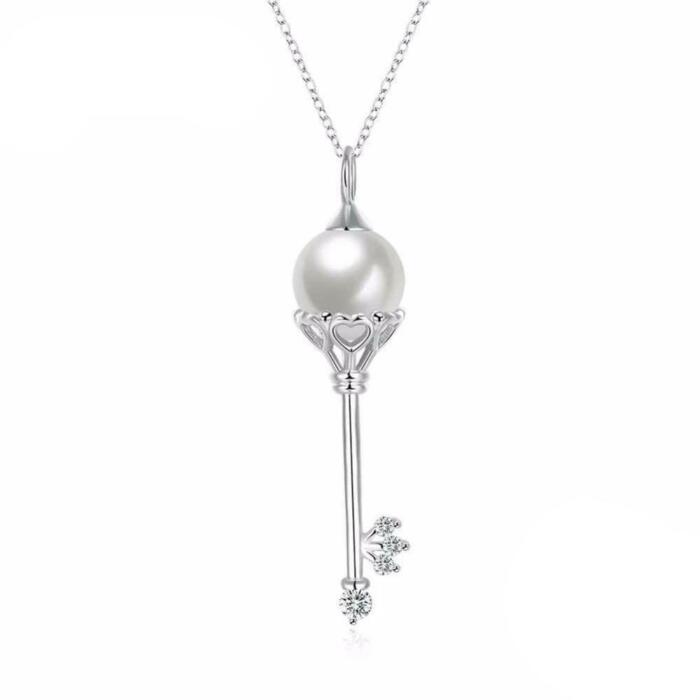Solid Women’s 925 Sterling Silver Necklace with Key Design Simulated Pearl Pendant, Trendy Fashion Jewelry for Girls